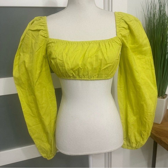 Charlie Holiday Lime Green Puff Sleeve Crop Top XS Linen Blend Resort Wear NWT - Picture 1 of 7